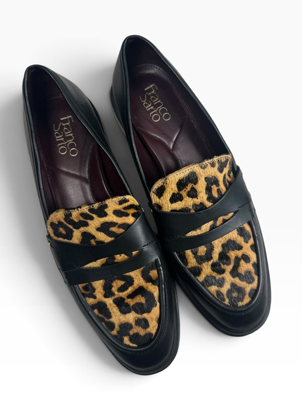 FRANCO SARTO Edith Women's 9 Black Leather Loafer Cheetah Animal Print Calf Hair